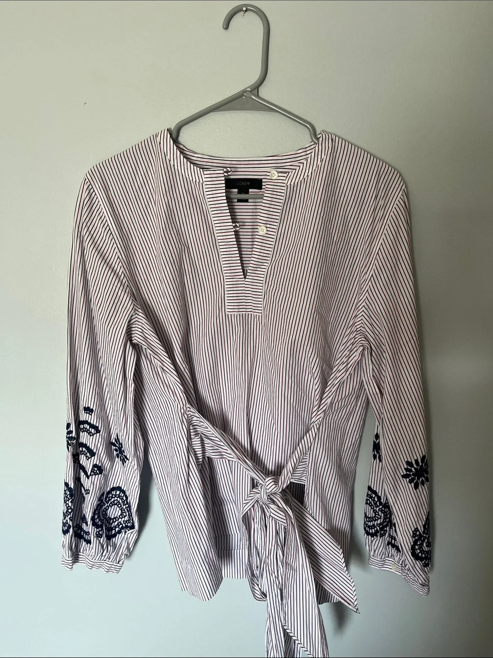 J. Crew Pink and White Striped Tie-Waist Blouse with Navy Embroidery
